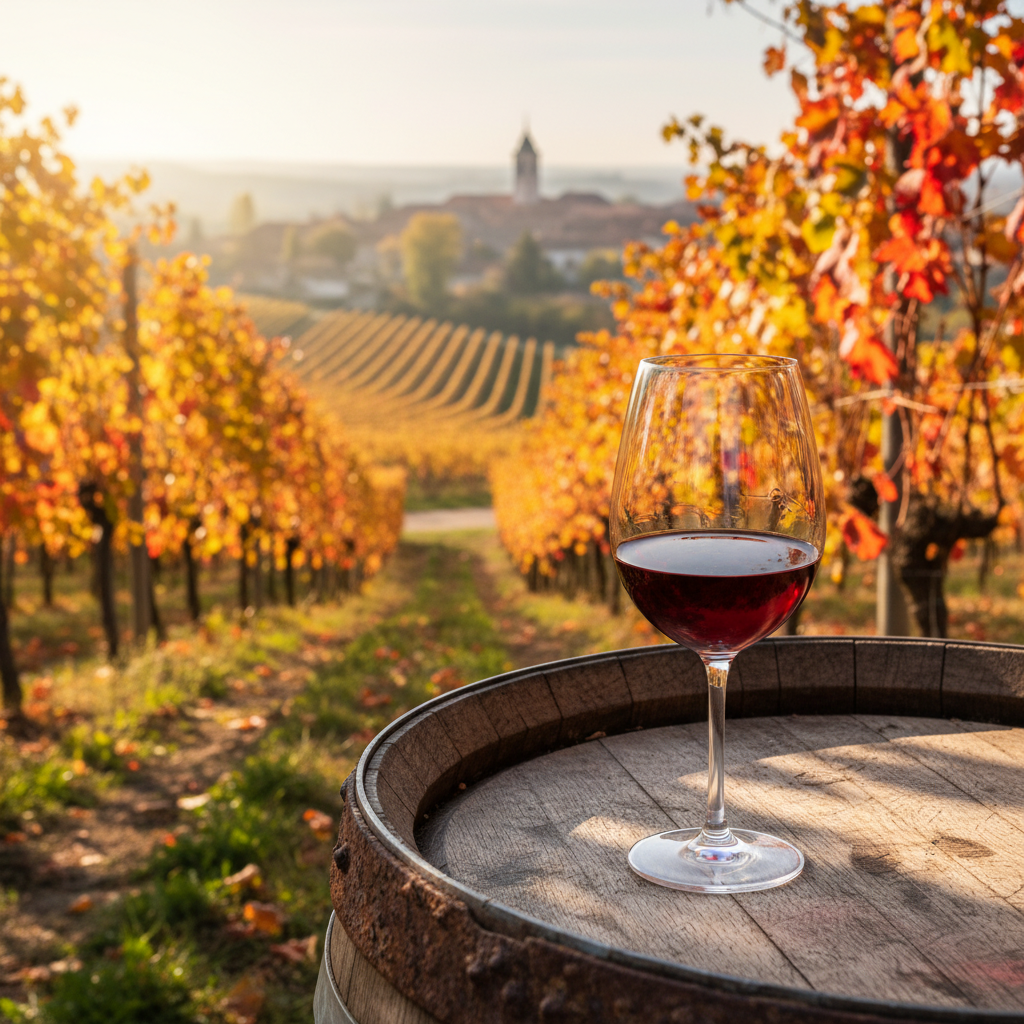 Taça de vinho Blaufränkisch sobre um barril de madeira em um vinhedo vibrante ao pôr do sol, simbolizando a versatilidade e o potencial de guarda da uva.