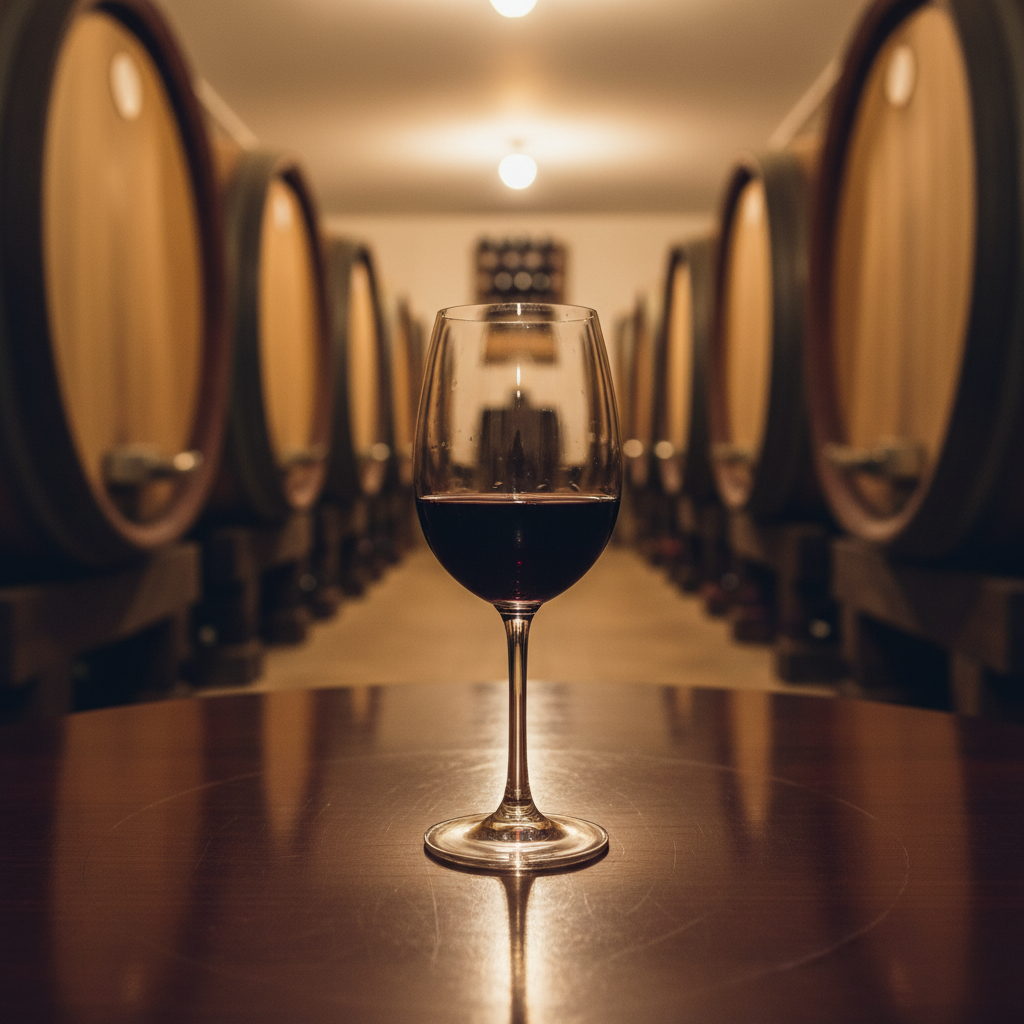 Taça de vinho tinto Blaufränkisch em adega rústica com barris de carvalho ao fundo.