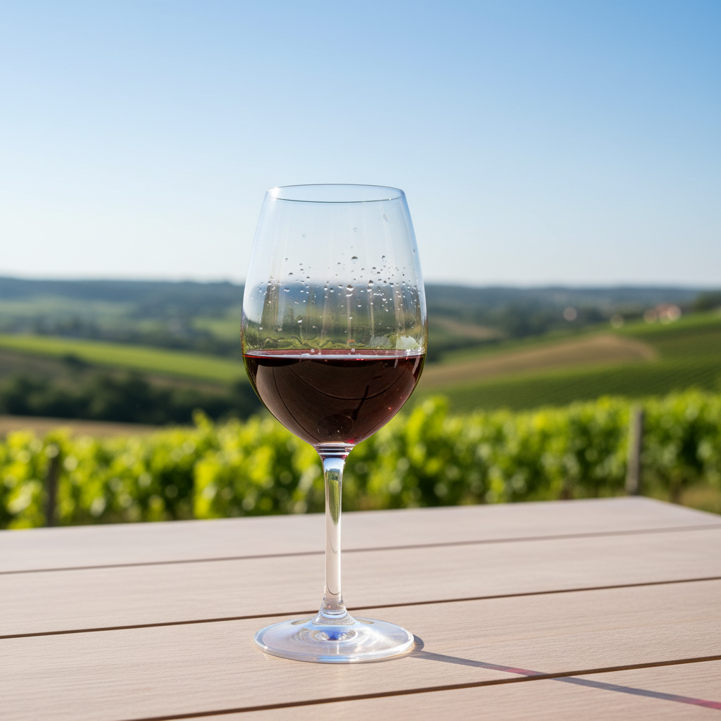Taça de vinho tinto Blaufränkisch levemente gelada em uma mesa ao ar livre, com vinhedos verdes sob o sol de verão ao fundo.