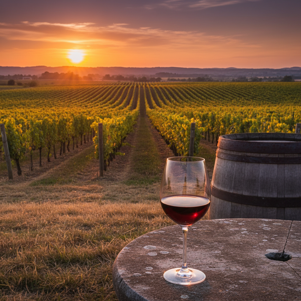 Taça de vinho tinto em um vinhedo ao pôr do sol, com barris de madeira ao fundo, simbolizando a comparação entre Blaufränkisch e Pinot Noir.