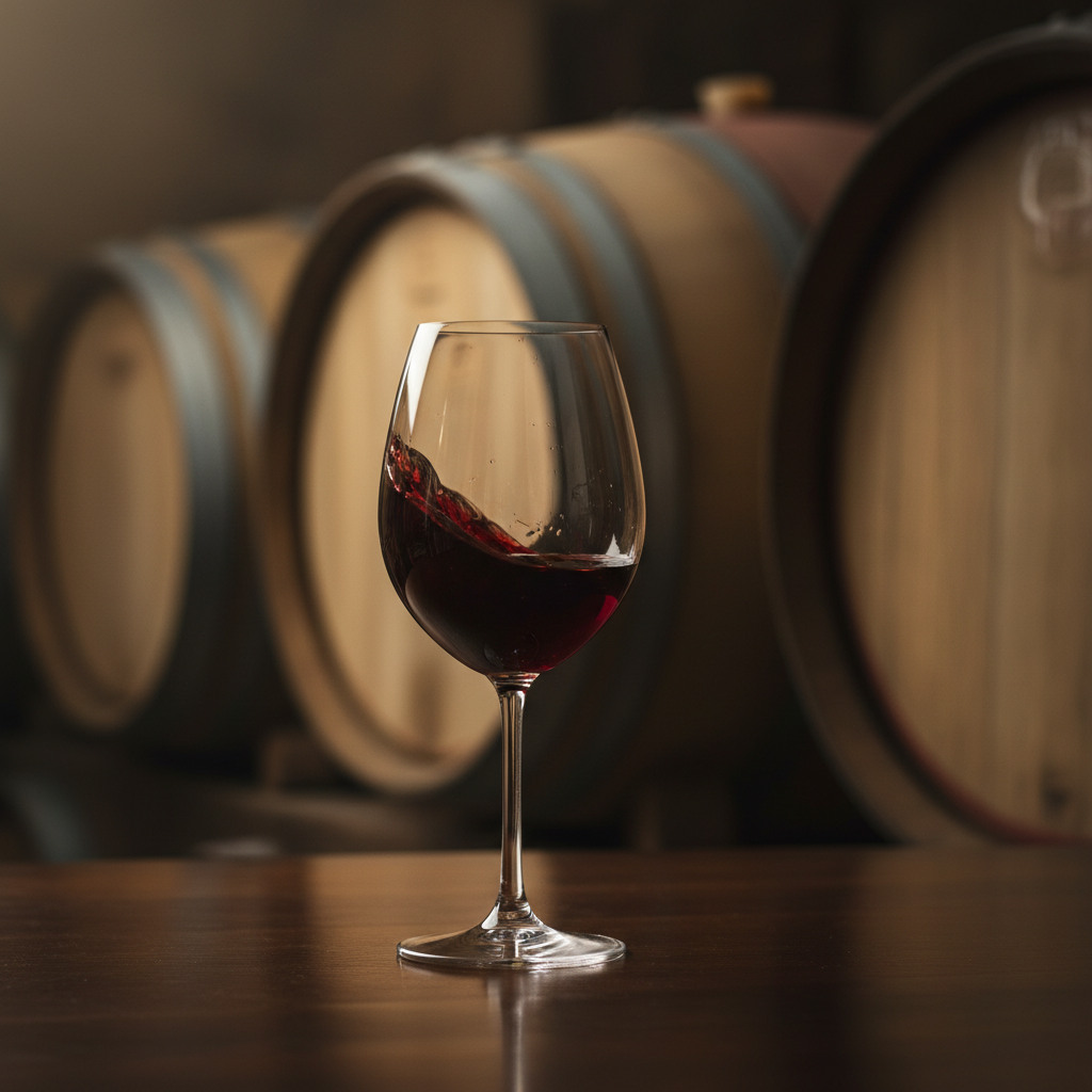Taça de vinho tinto Bonarda em uma adega com barris de carvalho ao fundo.