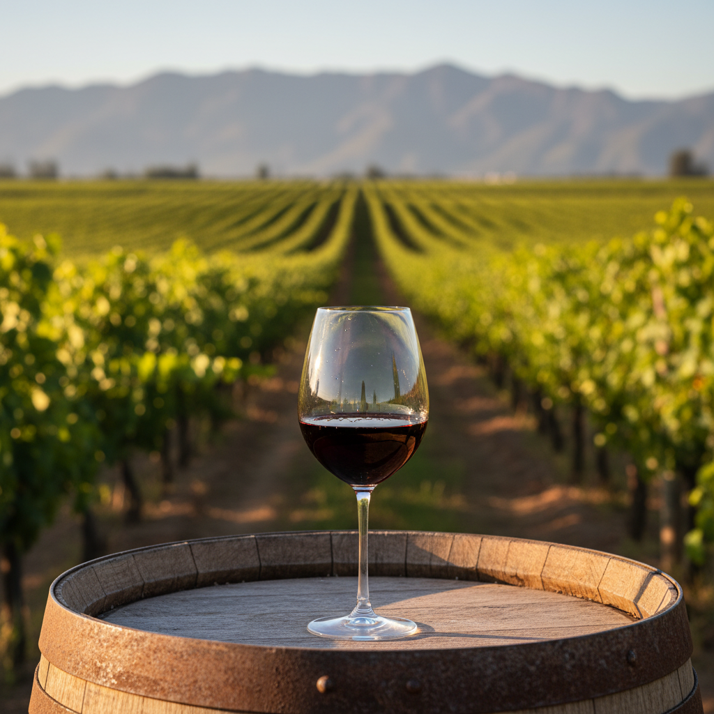 Taça de vinho tinto Bonarda sobre barril de madeira em vinhedo argentino ao pôr do sol.