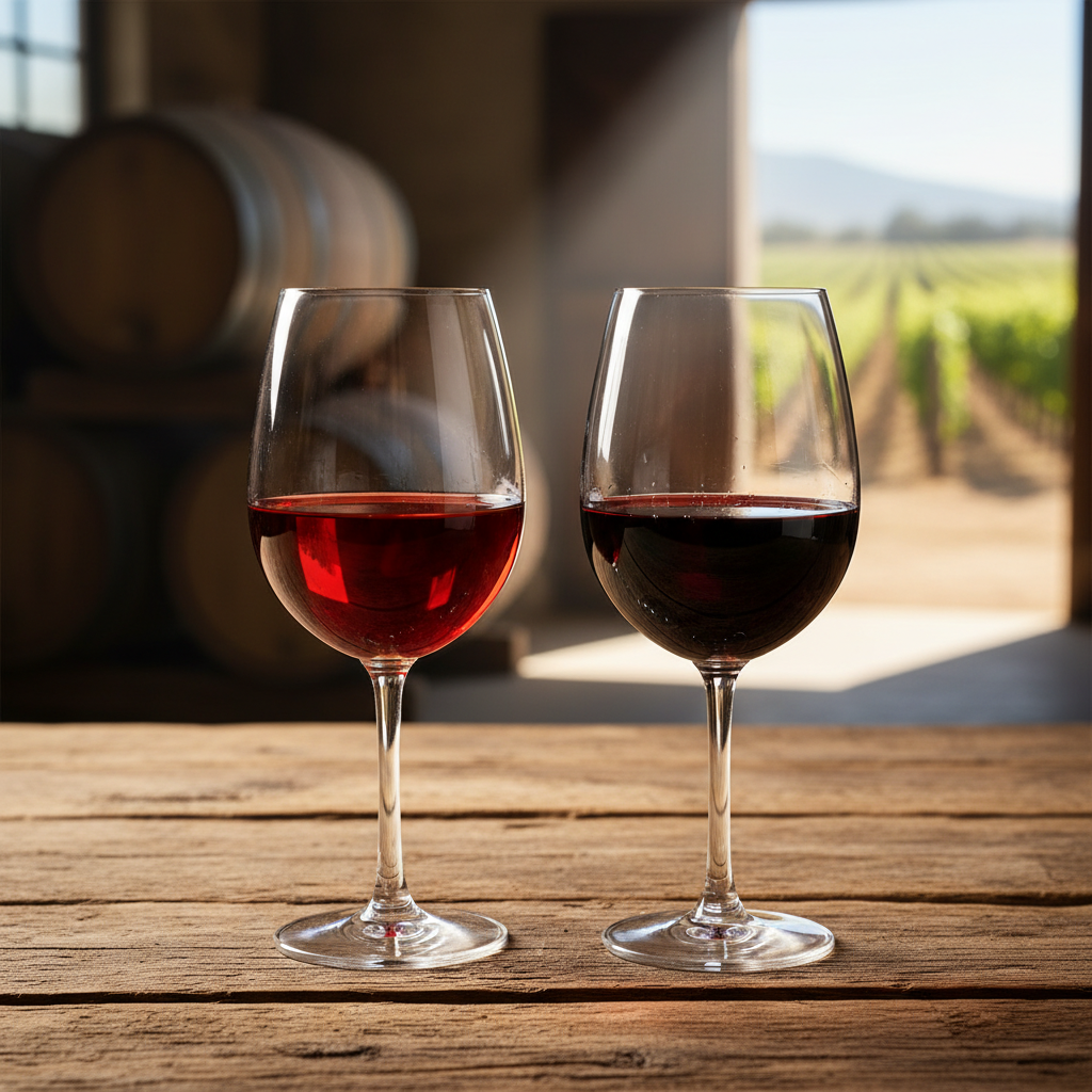 Duas taças de vinho Bonarda, uma com vinho jovem vibrante e outra com vinho envelhecido de cor profunda, em uma mesa rústica com fundo de vinhedo e adega.