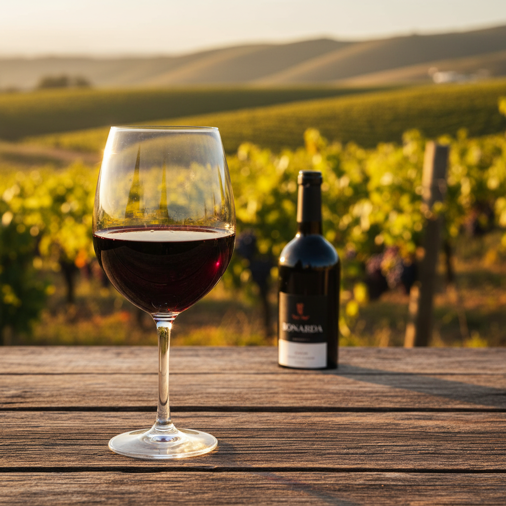 Taça de vinho tinto Bonarda em mesa rústica com vinhedos argentinos ao fundo ao pôr do sol.