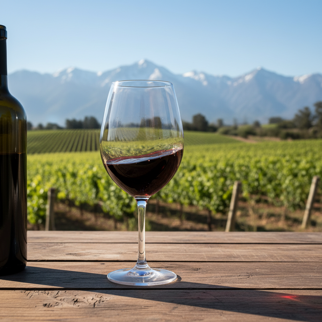 Taça de vinho tinto Bonarda em mesa de madeira rústica, com vinhedo argentino e montanhas ao fundo.