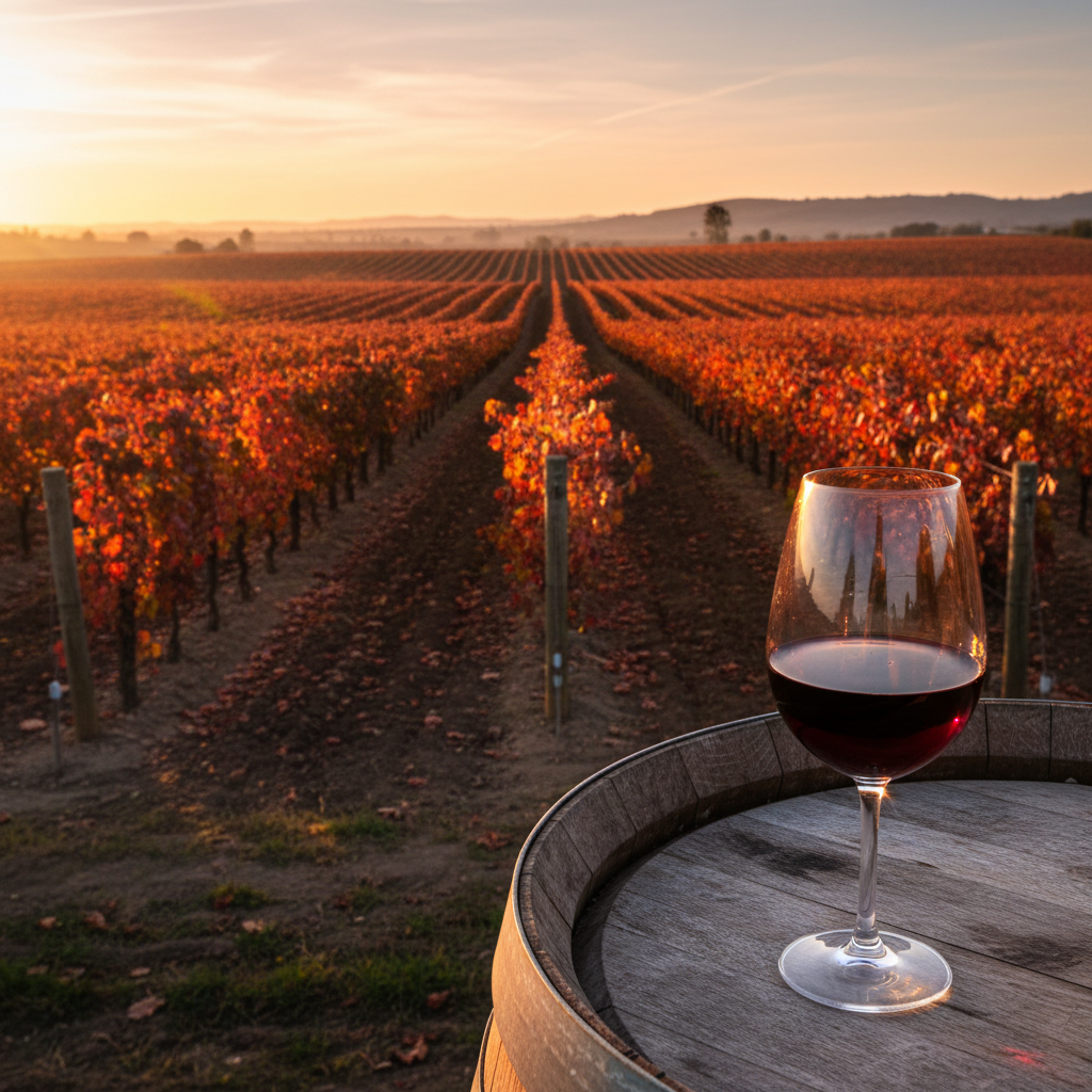 Um vinhedo de Bonarda ao pôr do sol com um copo de vinho tinto Bonarda sobre um barril de madeira.