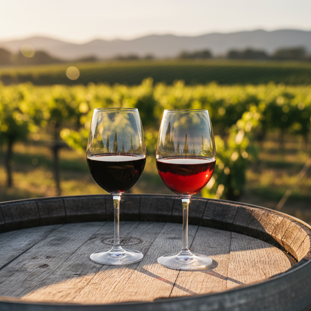 Duas taças de vinho tinto, uma com Bonarda e outra com Malbec, sobre um barril de madeira em um vinhedo argentino ao pôr do sol.
