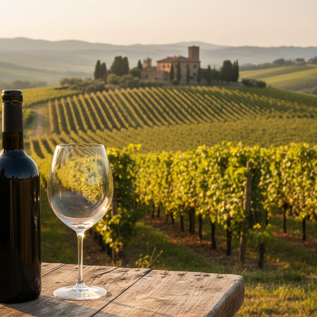 Vinhedo de Sangiovese em Montalcino ao pôr do sol, com uma taça de vinho e garrafa de Brunello em primeiro plano.