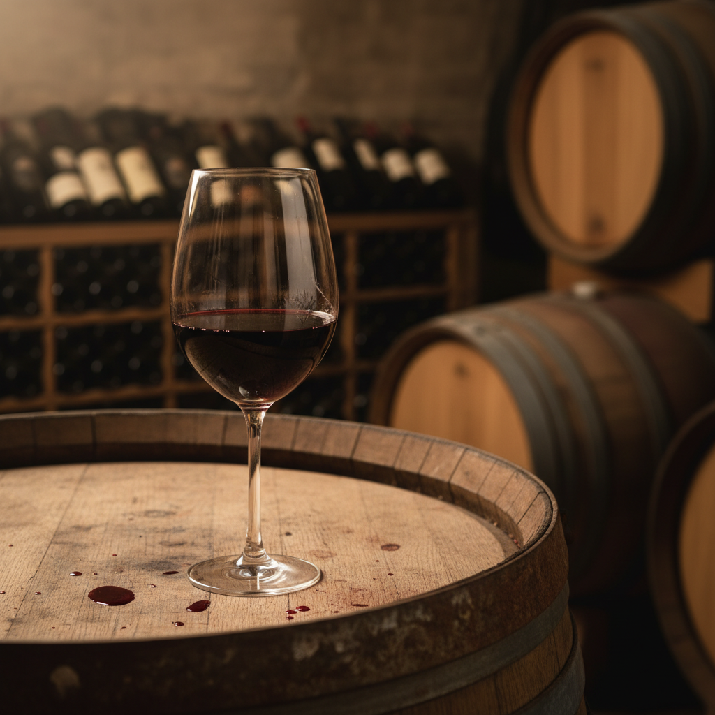 Taça de vinho Brunello di Montalcino sobre um barril de carvalho em adega italiana, com luz ambiente suave.