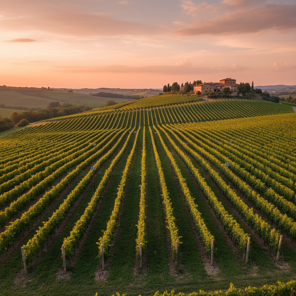 Vinhedo moderno de Brunello di Montalcino ao pôr do sol, com inovações em viticultura integradas à paisagem toscana.