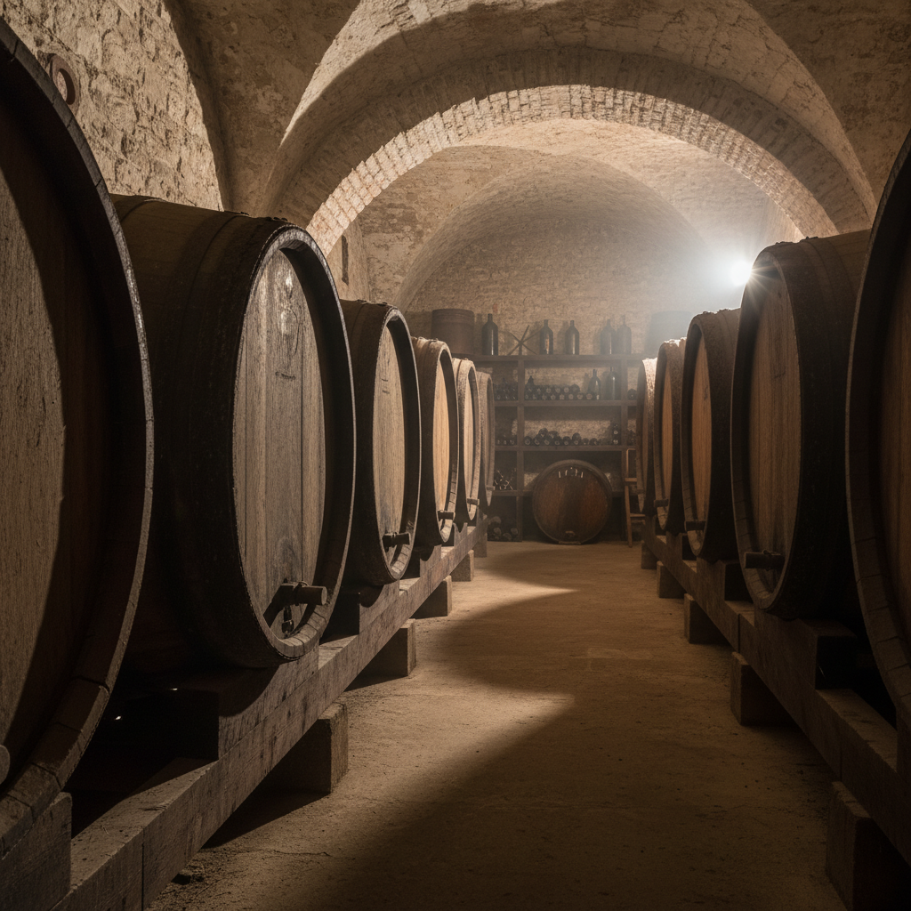 Antiga adega de Brunello di Montalcino na Toscana, com fileiras de grandes barricas de carvalho onde o vinho Sangiovese Grosso envelhece, sob uma iluminação suave que realça a atmosfera histórica.