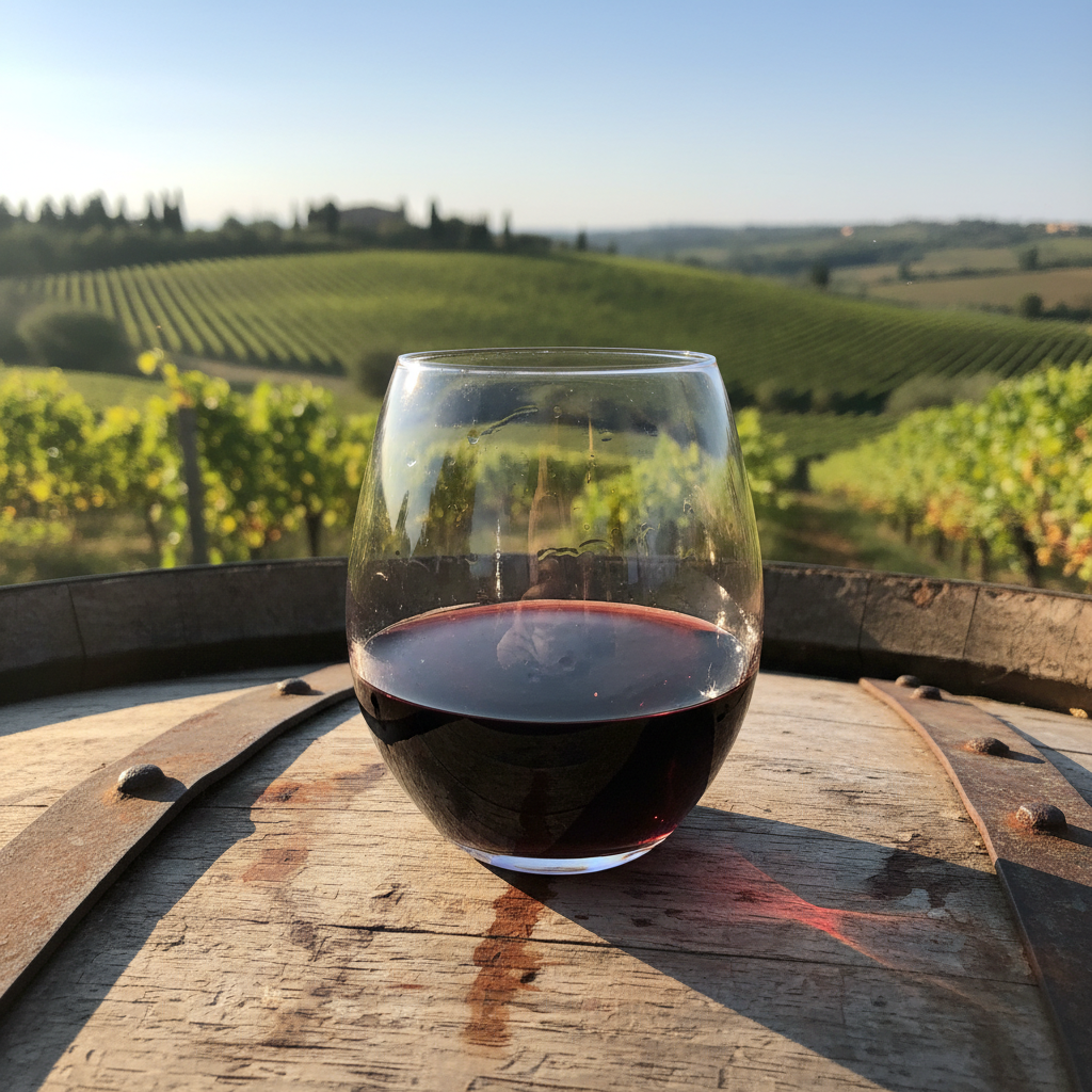 Taça de vinho tinto sobre barril de carvalho em vinhedo de Sangiovese em Montalcino, Itália.