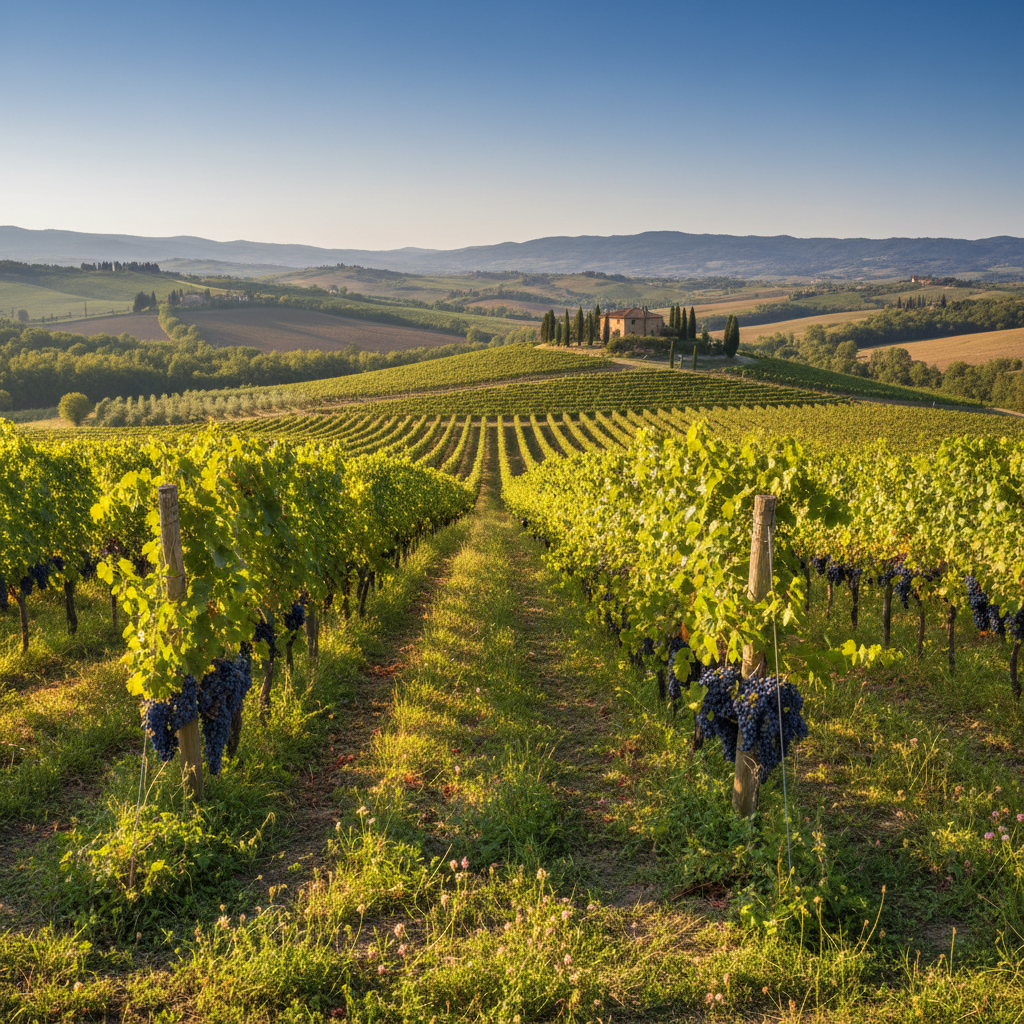 Vinhedo orgânico de Brunello em Montalcino, Itália, com vinhas saudáveis e colinas toscanas ao fundo, sob luz solar.