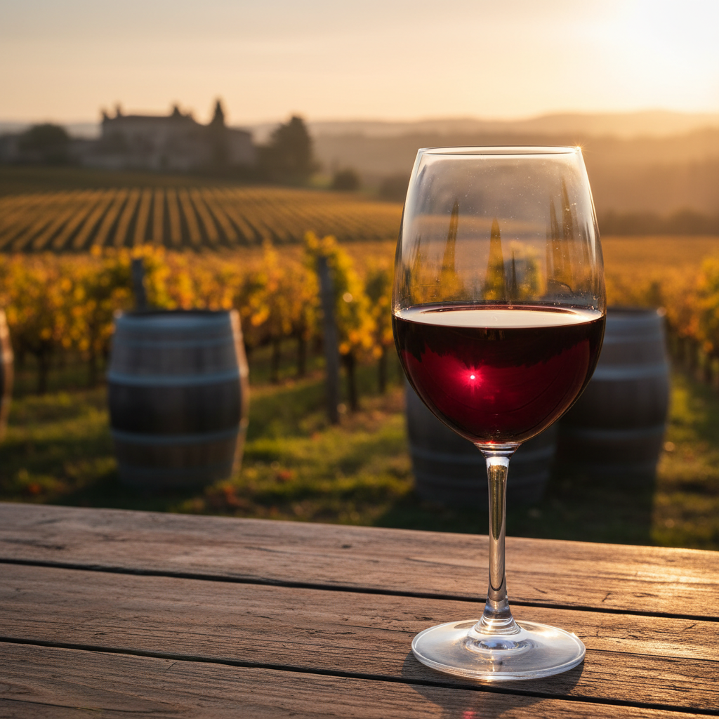Taça de vinho tinto Cabernet Sauvignon com vinhedo ao pôr do sol e barris de carvalho ao fundo.