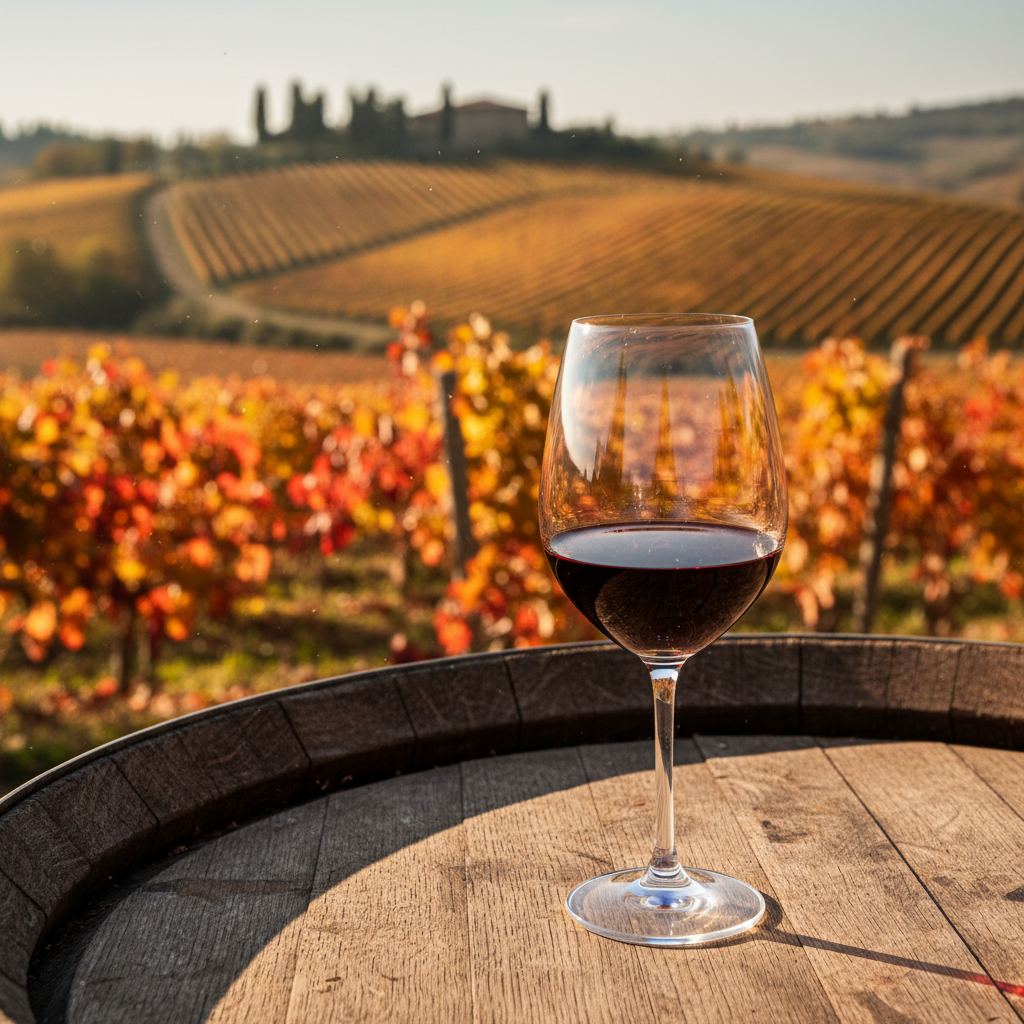 Taça de vinho tinto Canaiolo 100% repousando sobre um barril de carvalho em um vinhedo toscano ao pôr do sol.