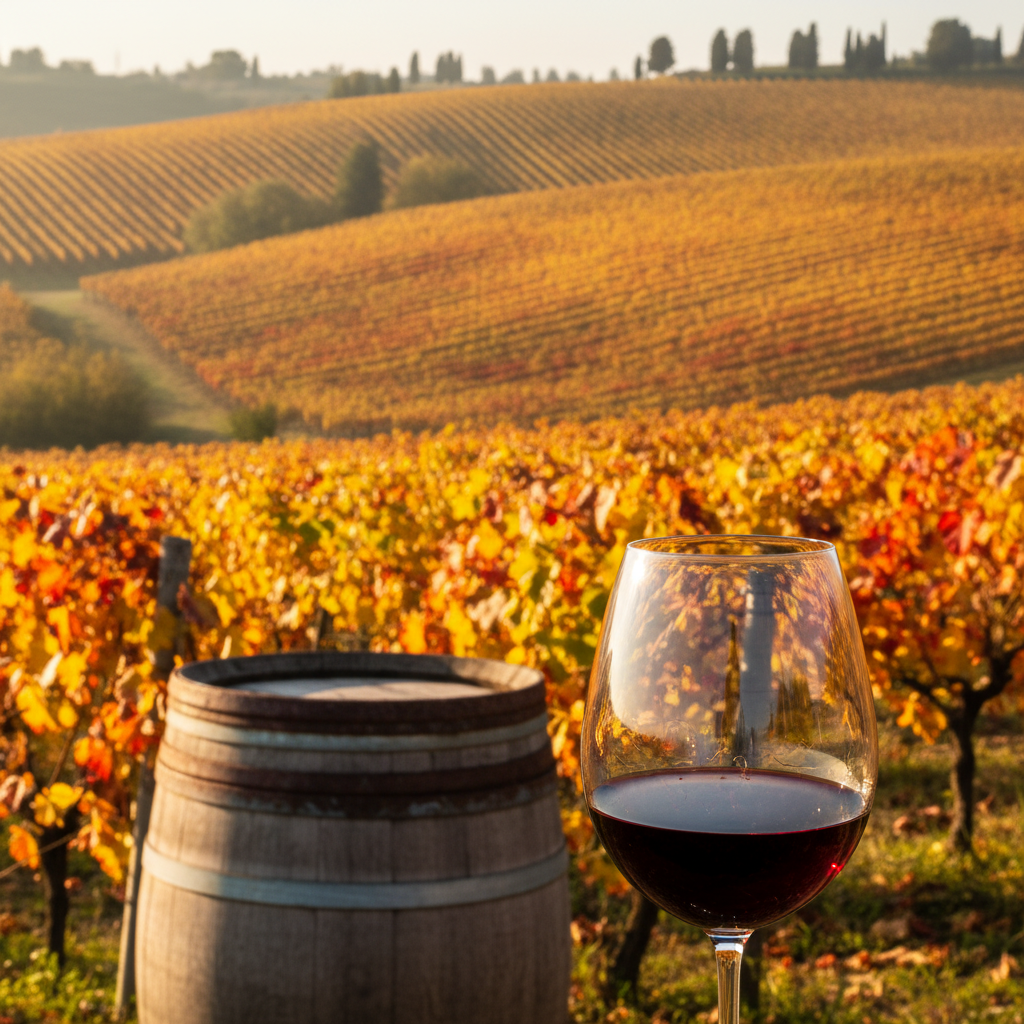 Taça de vinho tinto de uva Canaiolo em meio a um vinhedo toscano com cores de outono e um barril de carvalho rústico.