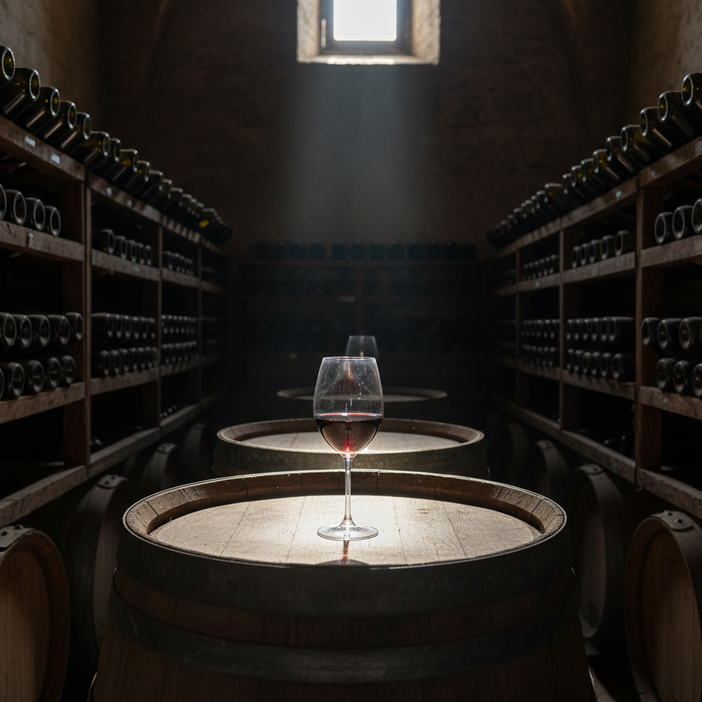 Taça de vinho tinto Canaiolo em um barril de carvalho em adega antiga da Toscana, com garrafas de vinho empoeiradas ao fundo, evocando a descoberta de uma pérola rara.