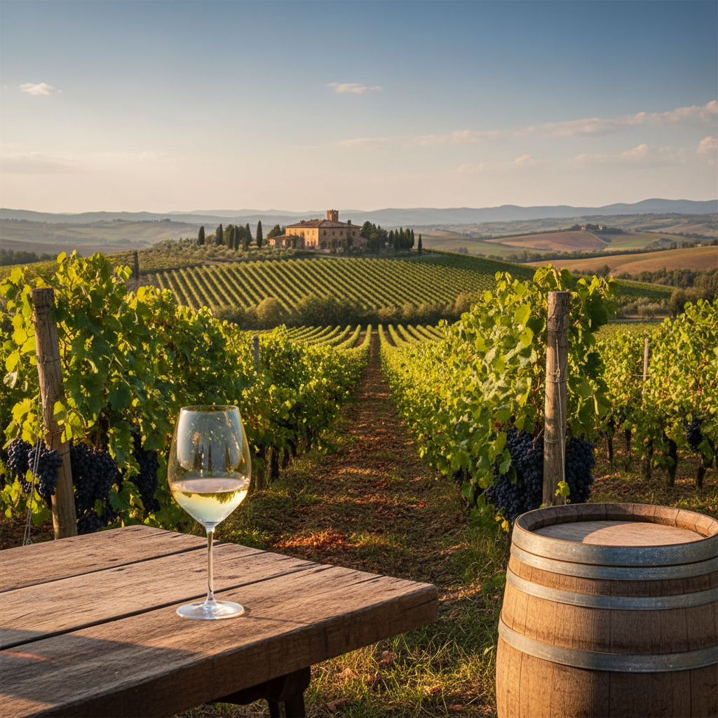 Vinhedo de Canaiolo na Toscana ao pôr do sol com taça de vinho e barril de carvalho.