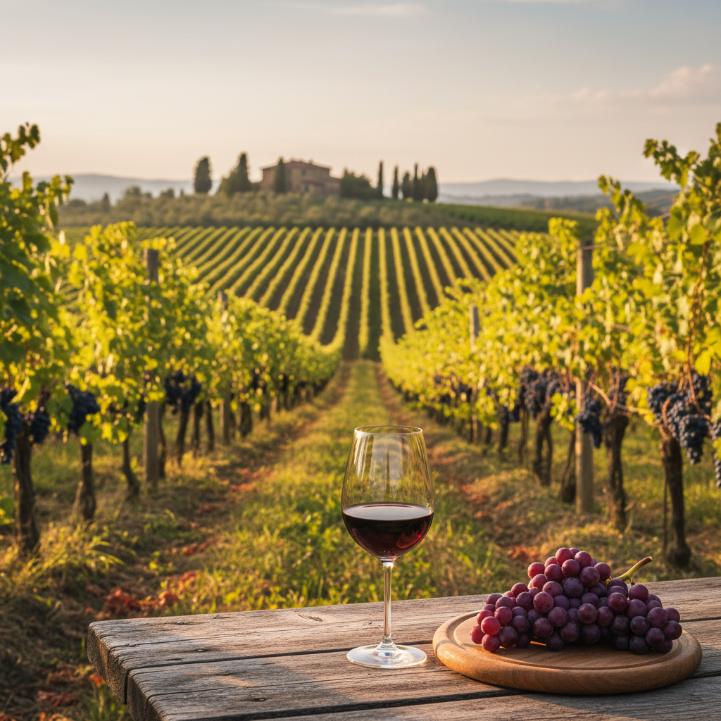 Imagem de um vinhedo toscano ao entardecer, com um copo de vinho tinto e uvas maduras sobre uma mesa de madeira rústica.