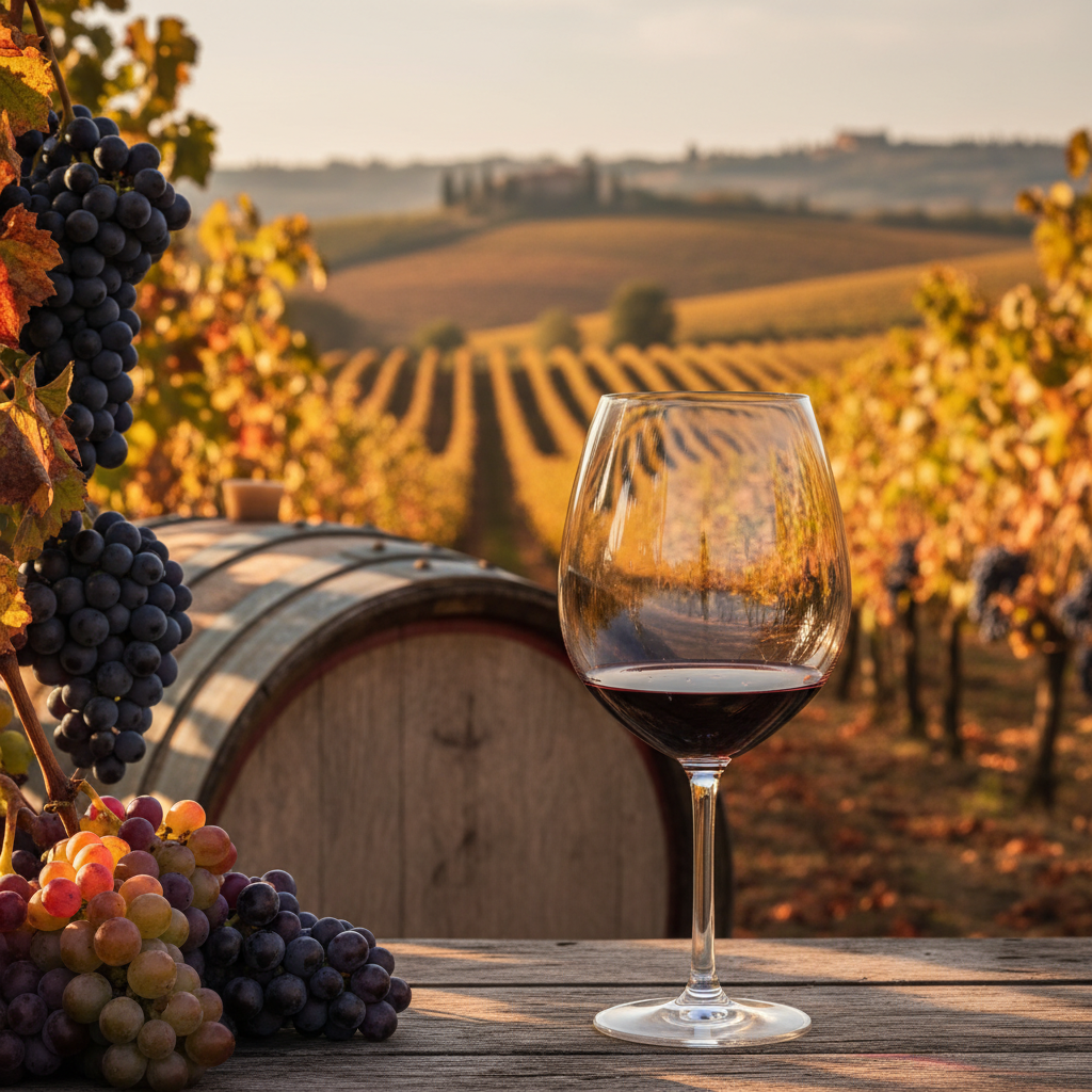 Vinhedo toscano ao pôr do sol com uvas Sangiovese e Canaiolo, uma taça de vinho tinto e um barril de carvalho ao fundo, simbolizando a complementaridade das castas.