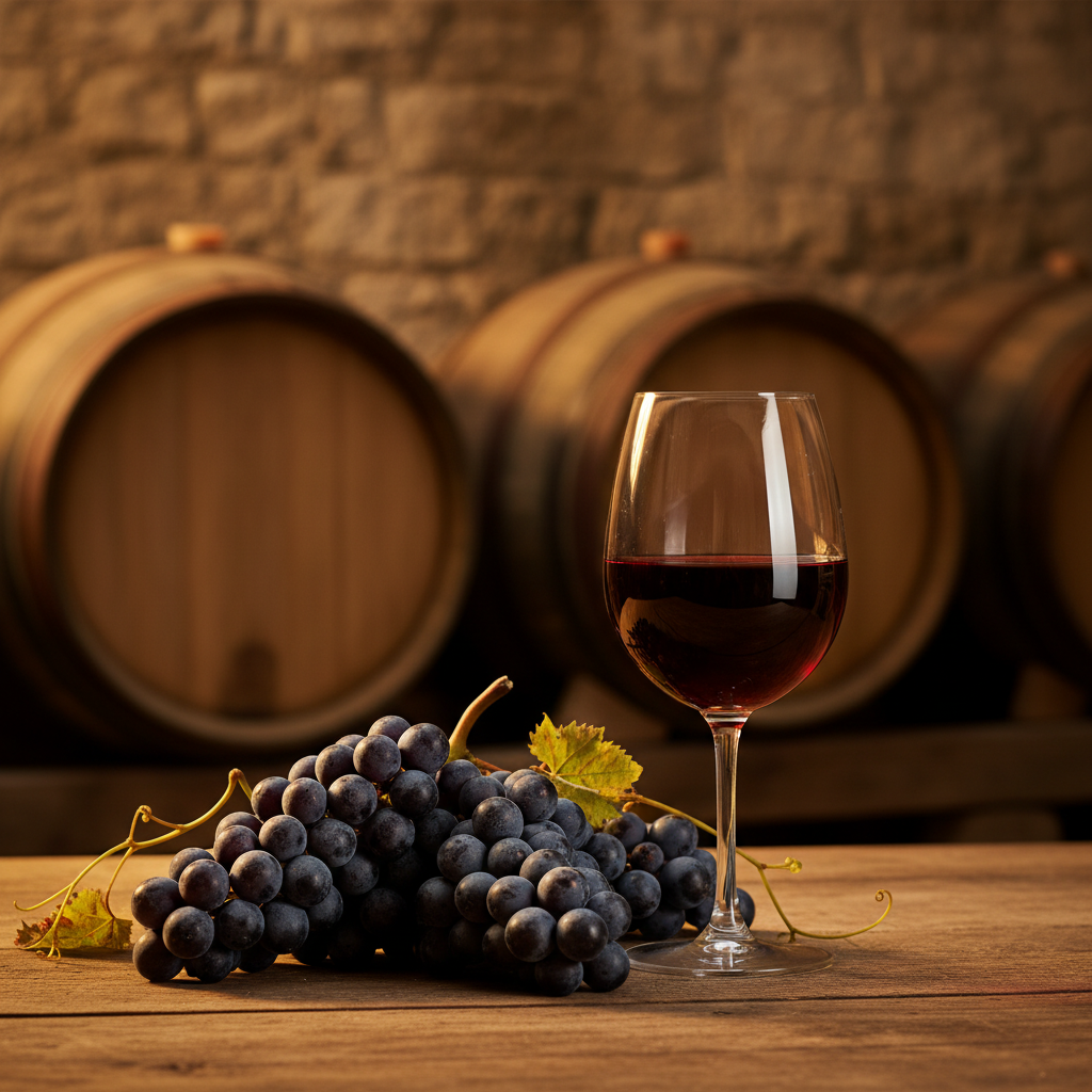 Vinho Mavrodaphne fortificado em taça, com cachos de uva e barris de carvalho em adega grega.