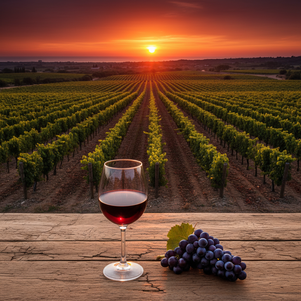 Taça de vinho tinto em uma mesa rústica com cachos de uvas escuras, ao fundo um vinhedo mediterrâneo iluminado pelo pôr do sol.