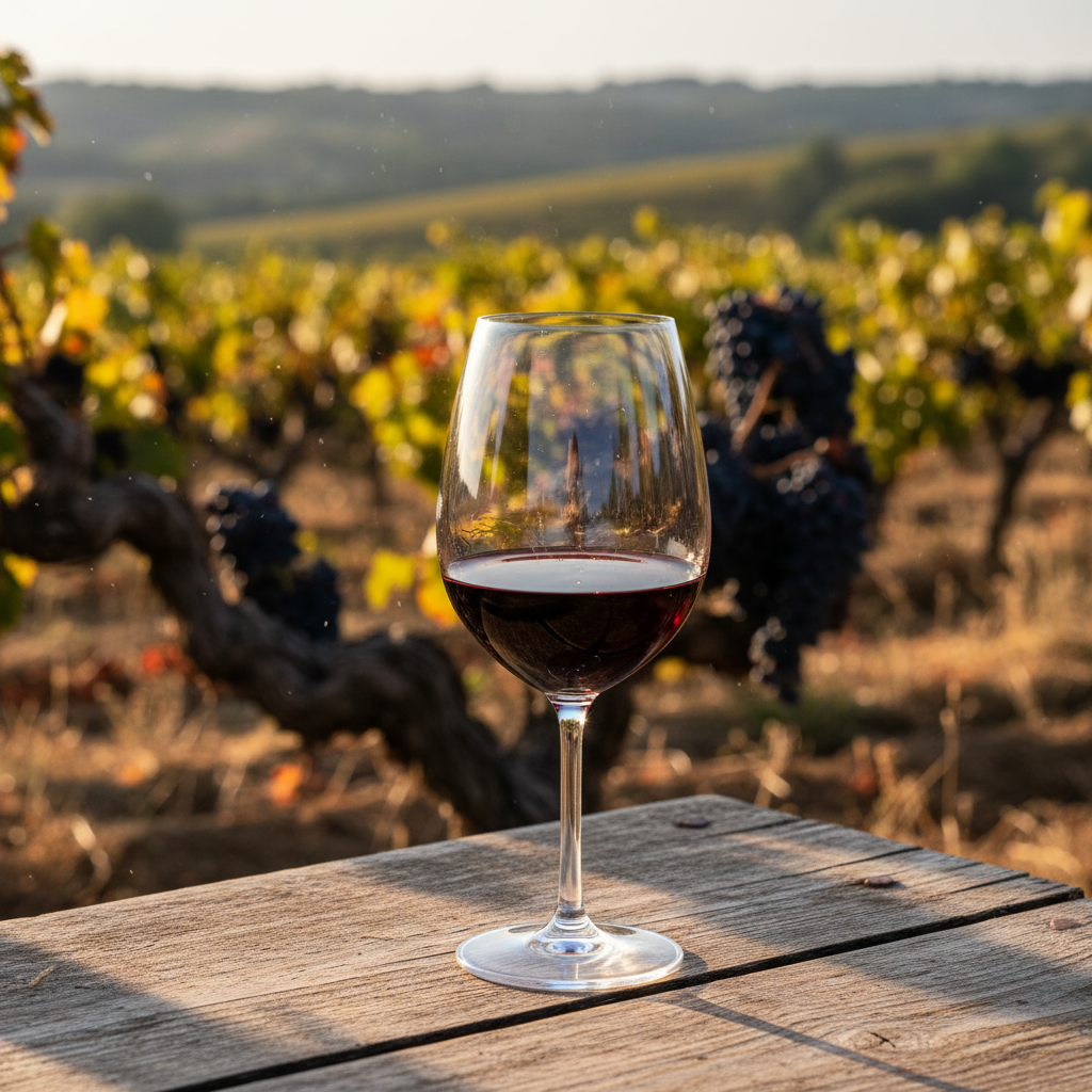 Taça de vinho Carignan sobre mesa rústica com vinhedos antigos e ensolarados ao fundo.