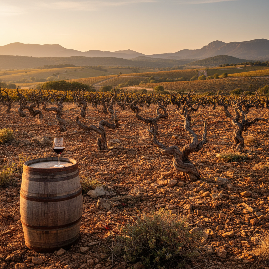 Vinhedo de Carignan antigo no Languedoc-Roussillon, com vinhas retorcidas sob o sol mediterrâneo, e uma taça de vinho tinto em primeiro plano, simbolizando a riqueza do terroir.
