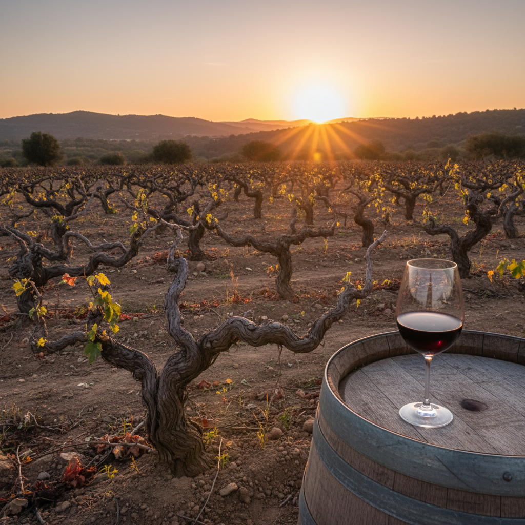 Vinhedo antigo de Carignan ao pôr do sol com uma taça de vinho tinto sobre um barril de madeira rústico.