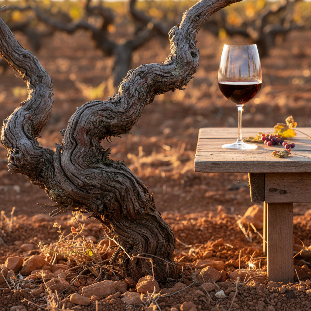 Videira antiga de Carignan em um vinhedo ensolarado, com uma taça de vinho tinto profundo sobre uma mesa de madeira rústica, refletindo a luz do sol.
