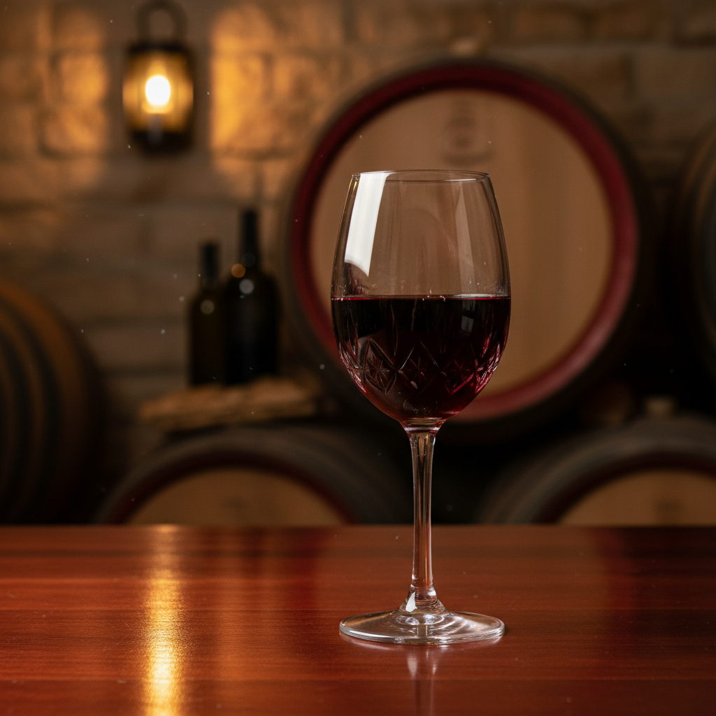 Taça de vinho tinto Carignan sobre mesa de madeira, com adega de vinhos e barris ao fundo desfocado, evocando ambiente de degustação e armazenamento.
