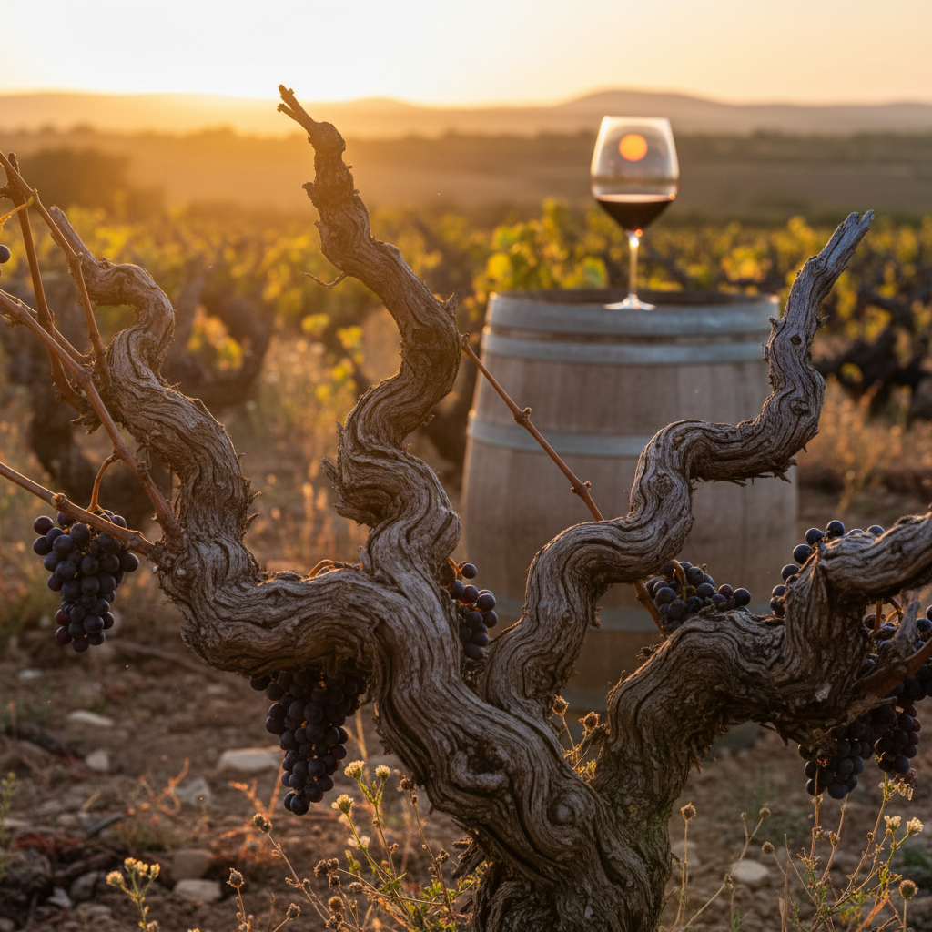 Vinhas antigas de Carignan em um vinhedo rústico ao pôr do sol, com uma taça de vinho moderna ao fundo, simbolizando a transformação e ascensão da uva.