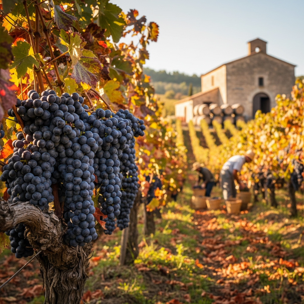 Vinhedo de Carignan maduro sob o sol, com uvas prontas para a colheita, simbolizando o início do processo de vinificação.