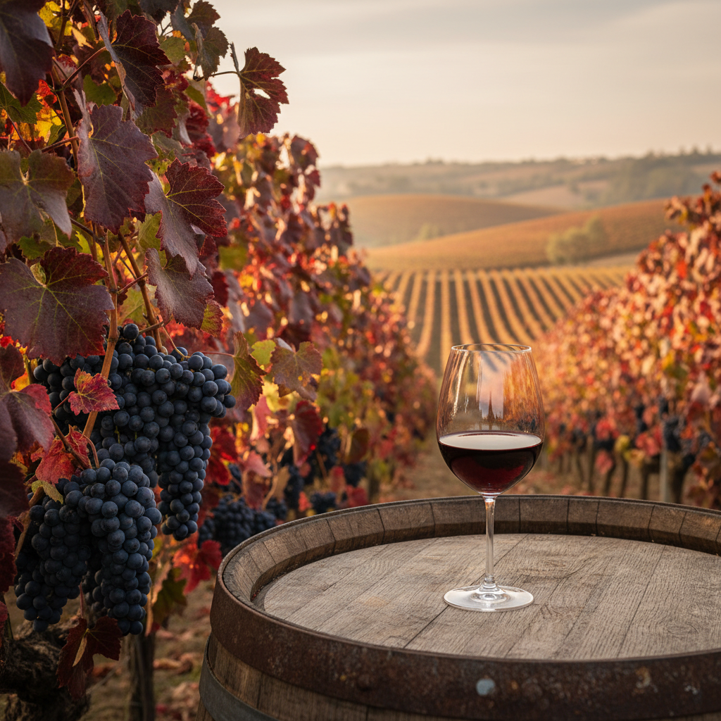 Vinhedo de Carmenère em outono com folhas avermelhadas e taça de vinho tinto sobre barril de carvalho, simbolizando a exploração da uva fora do Chile.