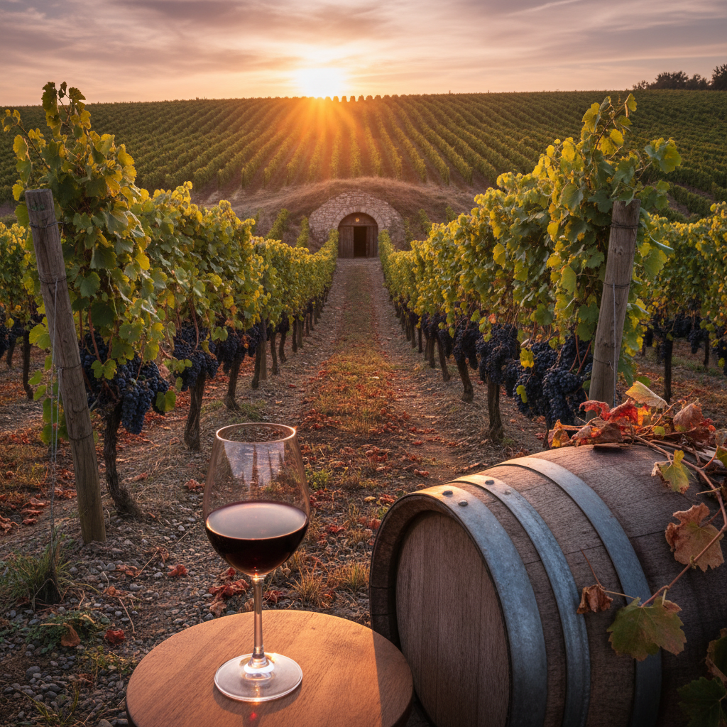 Vinhedo de Carmenère ao pôr do sol, com uvas maduras, uma taça de vinho tinto e um barril de carvalho.