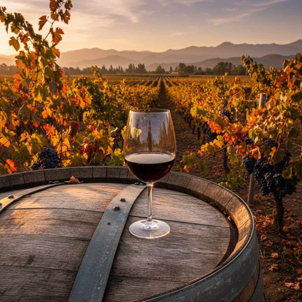 Taça de vinho tinto Carmenère sobre um barril de carvalho em um vinhedo chileno ao pôr do sol.