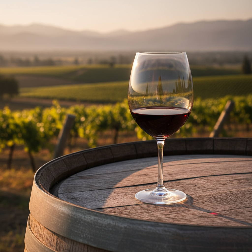 Taça de vinho tinto Carmenère sobre um barril de carvalho, com vinhedos chilenos ao fundo sob a luz do pôr do sol.