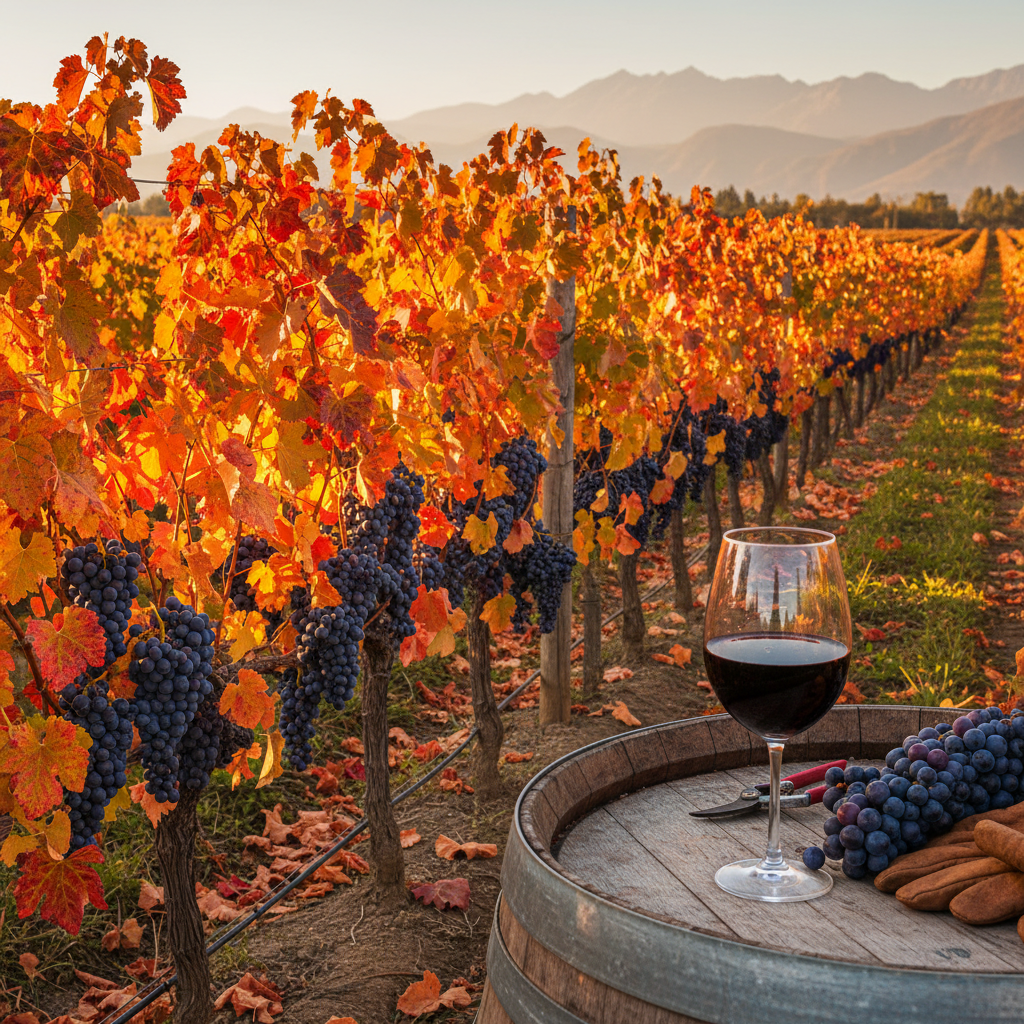 Vinhedo exuberante de Carmenère no Chile com uma taça de vinho tinto sobre um barril de madeira ao pôr do sol.