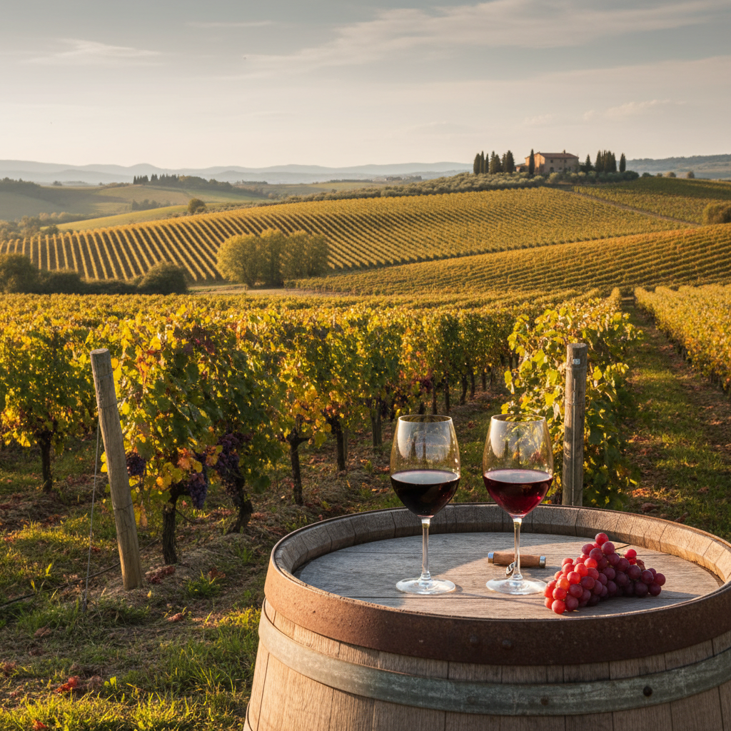 Duas taças de vinho tinto, uma com vinho Carmenère de cor mais escura e outra com Merlot de cor rubi, sobre um barril de madeira em um vinhedo ao entardecer.