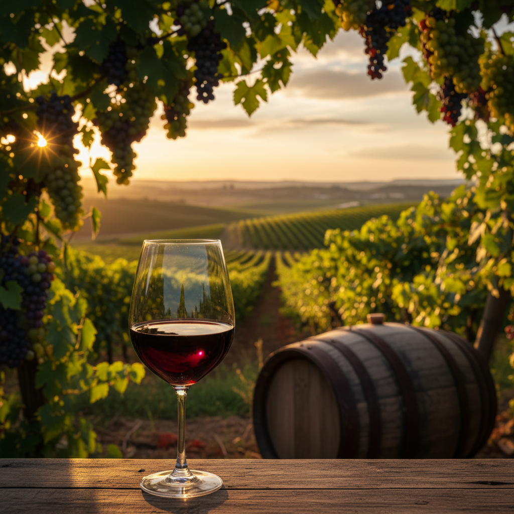 Vinhedo brasileiro ensolarado com uma taça de vinho tinto em primeiro plano e um barril de carvalho ao fundo, representando a produção de vinhos nacionais.