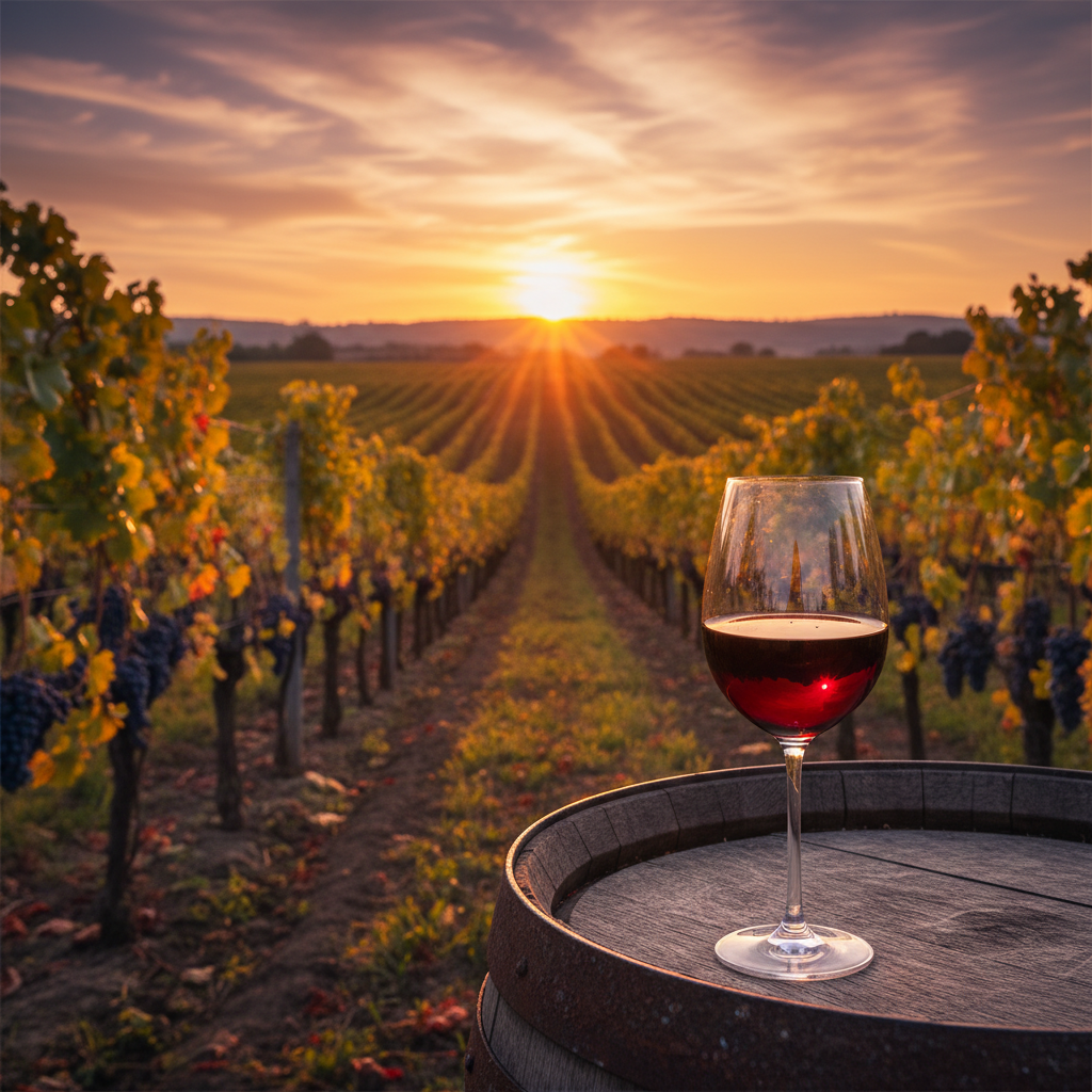 Vinhedo de uvas Castelão ao pôr do sol, com um cálice de vinho tinto em primeiro plano, simbolizando a jornada do campo à taça.