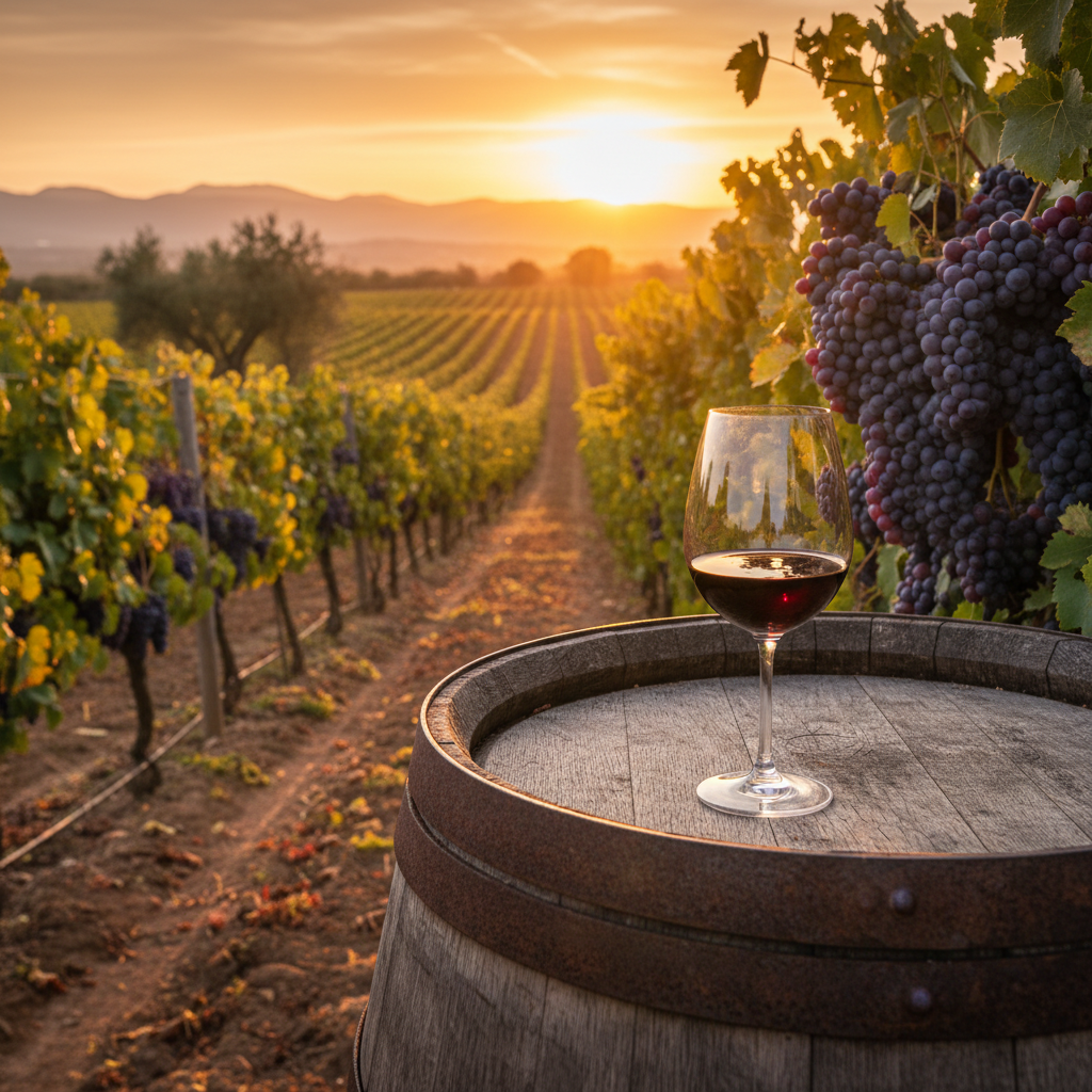Vinhedo português com uvas Castelão maduras ao pôr do sol, com uma taça de vinho tinto sobre um barril de madeira.
