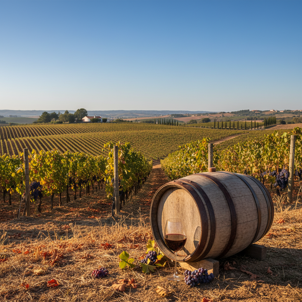 Vinhedo de Castelão na Península de Setúbal ao pôr do sol, com um copo de vinho tinto e um barril de madeira em primeiro plano.
