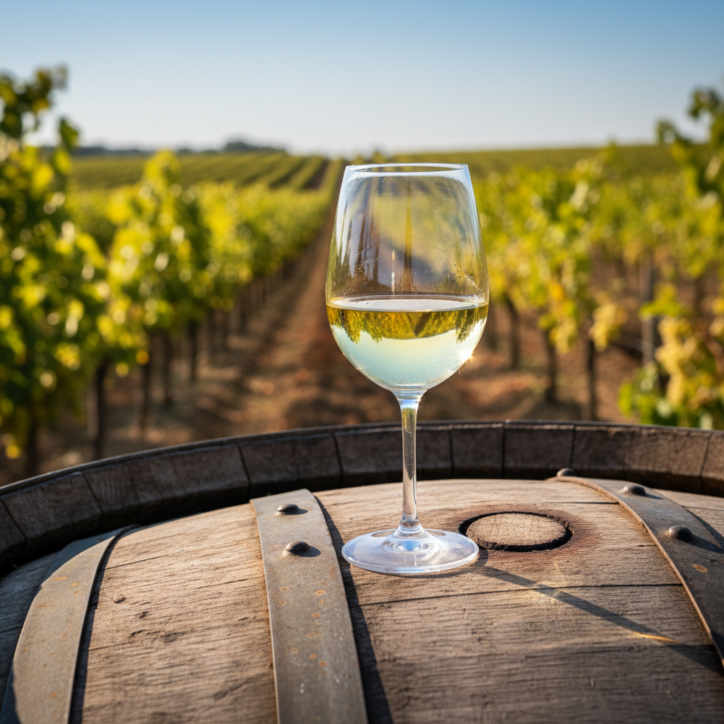 Taça de vinho branco Cayetana Blanca sobre um barril de madeira rústico, com um vinhedo ensolarado de uvas brancas ao fundo, transmitindo a essência da viticultura.