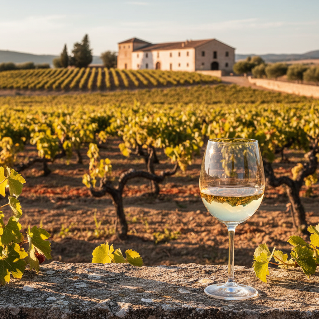 Taça de vinho branco de Cayetana Blanca em primeiro plano, com um antigo vinhedo espanhol ensolarado e uma hacienda ao fundo, transmitindo a essência da casta misteriosa.
