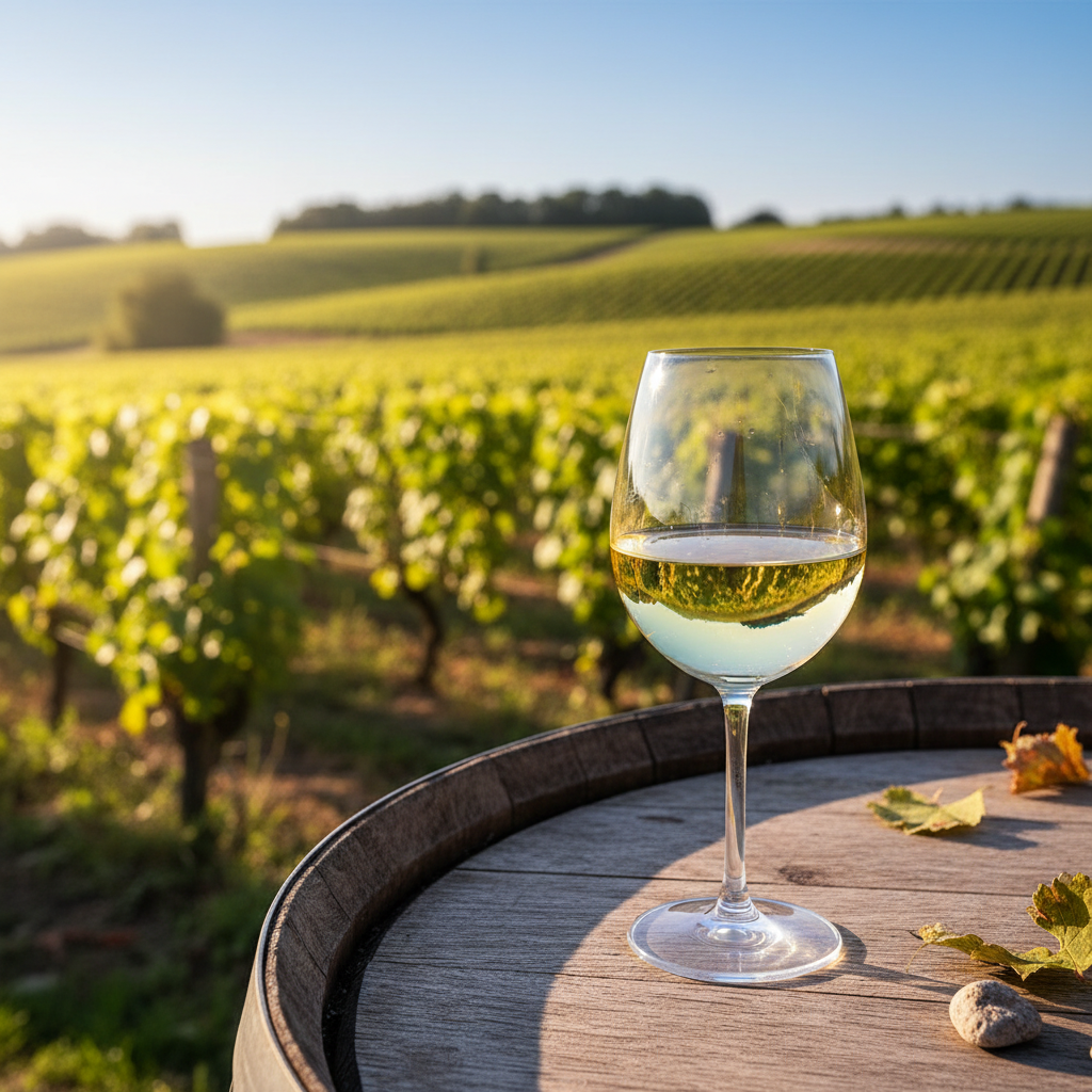 Taça de vinho Chablis em um vinhedo ensolarado, com as vinhas de Chardonnay e o solo Kimmeridgiano ao fundo.