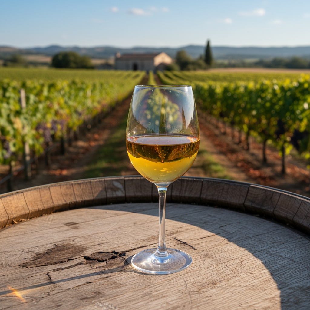 Taça de vinho Chardonnay em uma mesa de madeira rústica, com um vinhedo ensolarado e uma vinícola ao fundo.