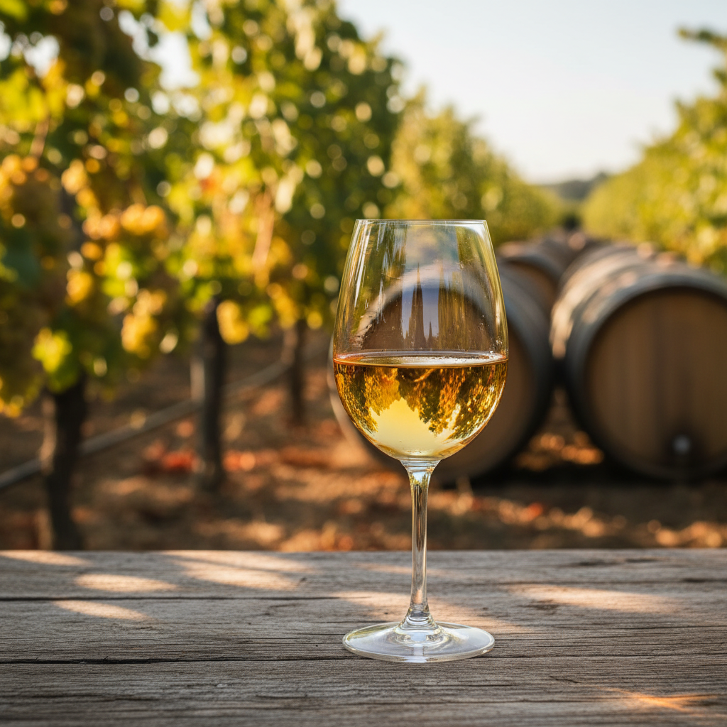 Taça de vinho Chardonnay dourado sobre mesa de madeira rústica, com vinhedo ensolarado e barris de carvalho desfocados ao fundo.