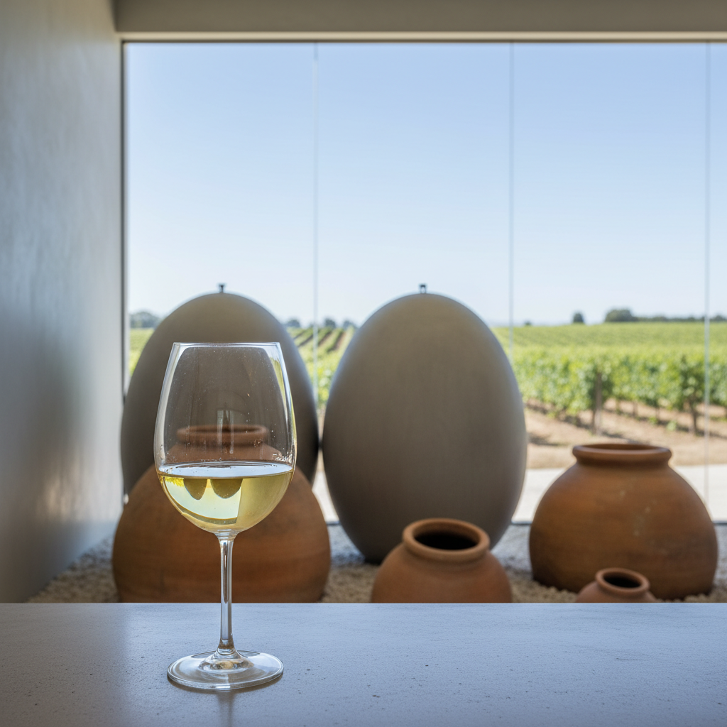 Uma taça de vinho Chardonnay fresco e brilhante em primeiro plano, com um fundo desfocado que mostra ânforas de terracota e ovos de concreto em uma adega moderna, simbolizando inovação na produção de vinho.