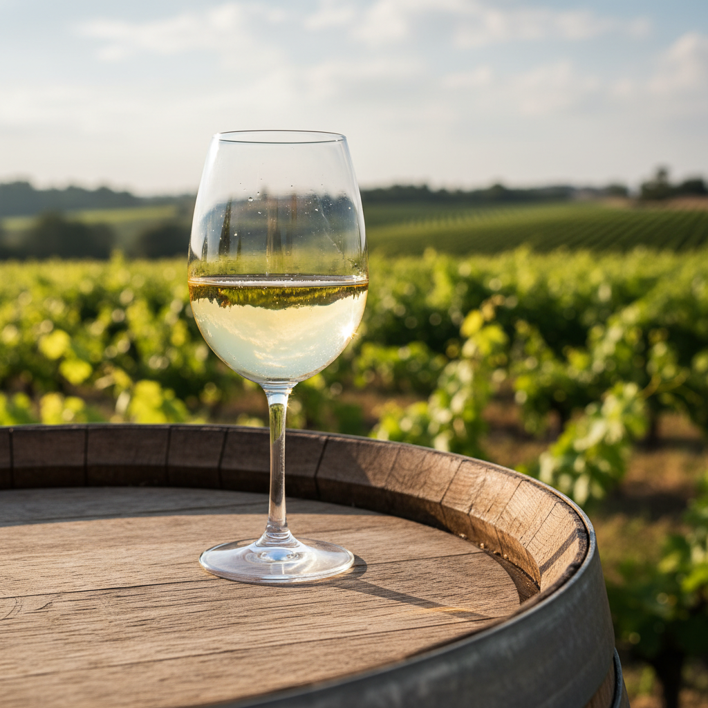 Taça de vinho Chardonnay dourado sobre um barril de carvalho rústico, com um vinhedo verdejante sob o sol ao fundo, transmitindo frescor e naturalidade.
